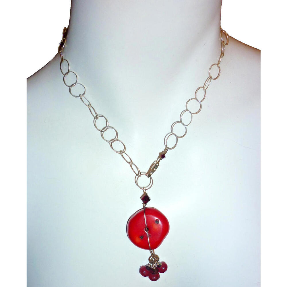 Artisan Red Stone Pendant Necklace Silver Tone Chain Crystal Accents Boho